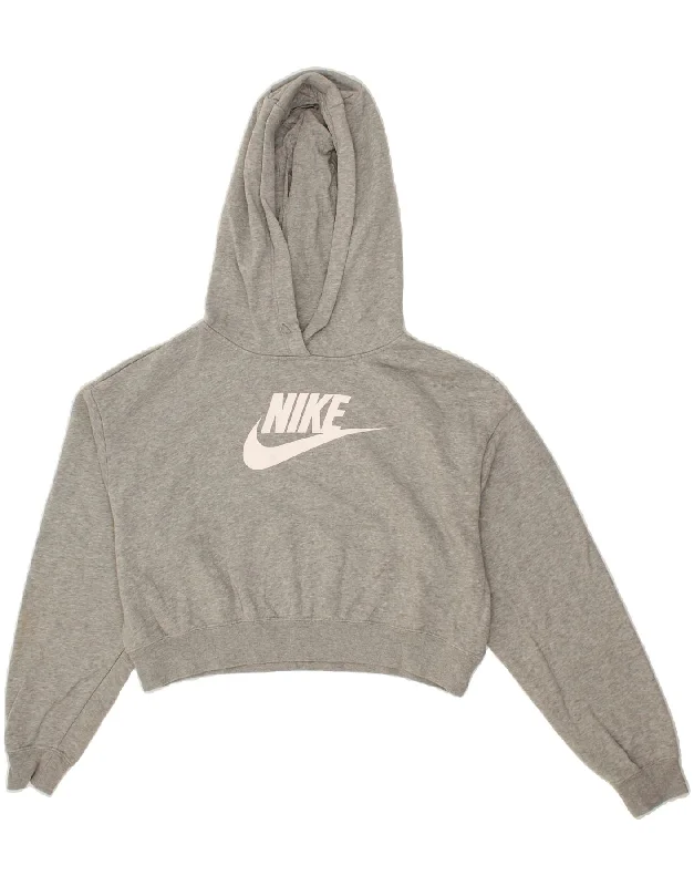 NIKE Womens Oversized Crop Graphic Hoodie Jumper UK 10 Small Grey Cotton Hoodie with Hem Embroidery Detailed Premium