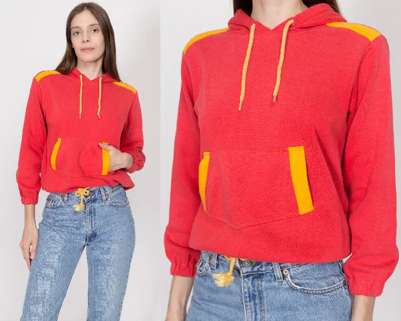 Petite Small 80s Red & Yellow Color Block Hoodie Hoodie with Lining Warm Insulated