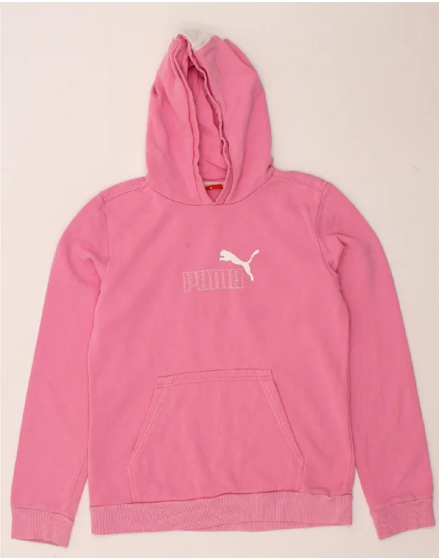 PUMA Girls Hoodie Jumper 15-16 Years 2XL Pink Colourblock Hoodie with Side Slits Relaxed Casual