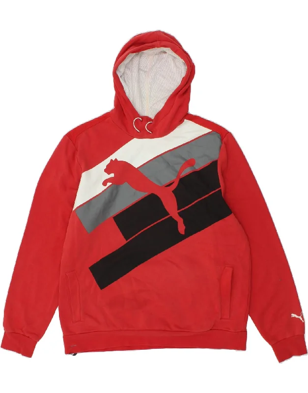 PUMA Mens Graphic Hoodie Jumper 2XL Red Cotton Hoodie with Button Placket Classic Preppy