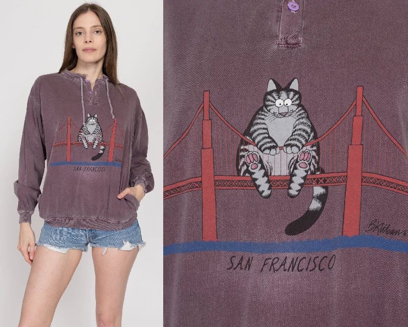 Sm-Med Vintage Kliban Cat San Francisco Wine Dyed Sweatshirt Hoodie with V-Neck Classic Versatile