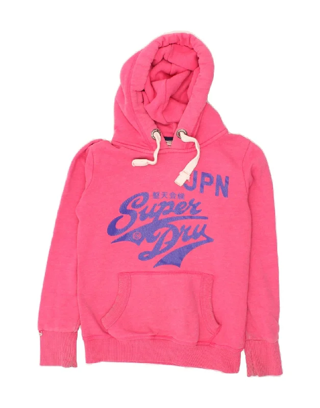 SUPERDRY Womens Graphic Hoodie Jumper UK 10 Small Pink Cotton Hoodie with Longline Fit Extended Stylish