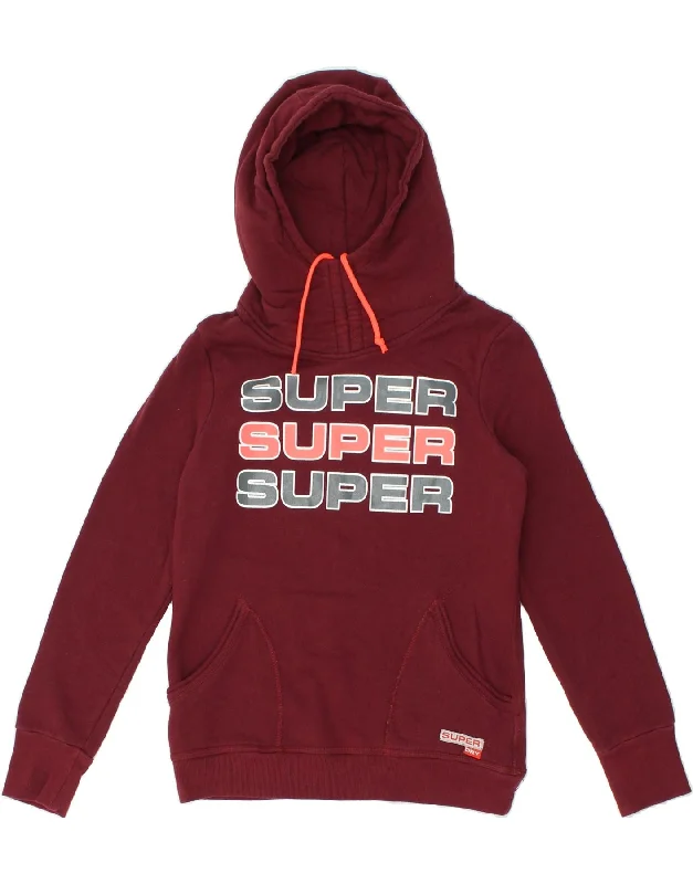 SUPERDRY Womens Graphic Hoodie Jumper UK 14 Large Burgundy Cotton Hoodie with Hem Elastic Stretchable Comfortable