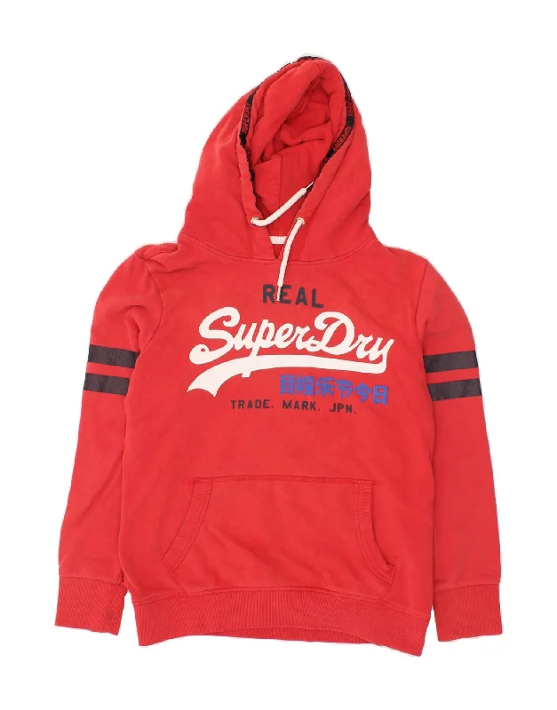 SUPERDRY Womens Graphic Hoodie Jumper UK 14 Medium Red Cotton Hoodie with Set-In Sleeves Structured Classic