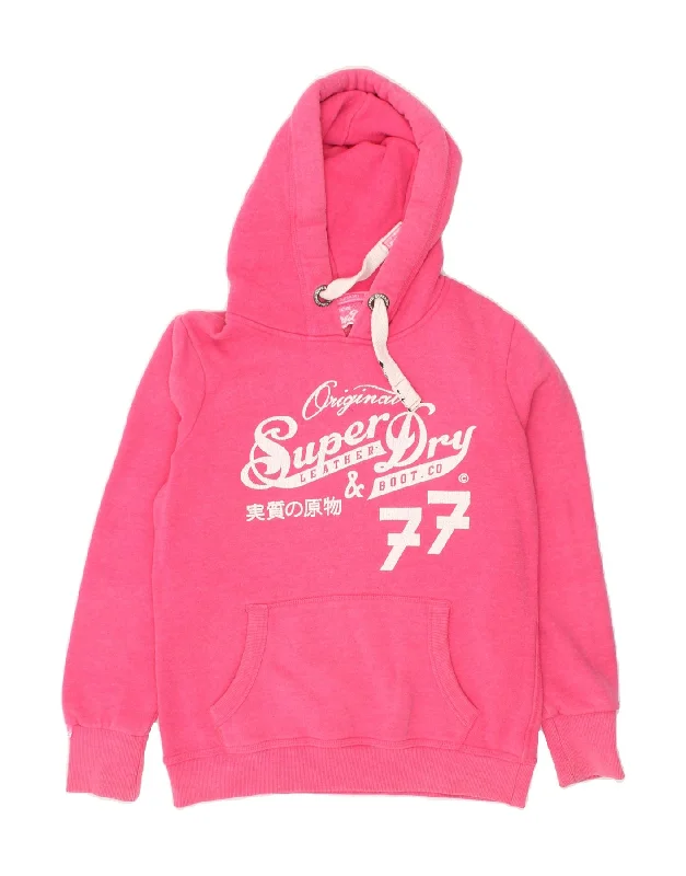 SUPERDRY Womens Graphic Hoodie Jumper UK 16 Large Pink Cotton Hoodie with Tie-Dye Psychedelic Retro