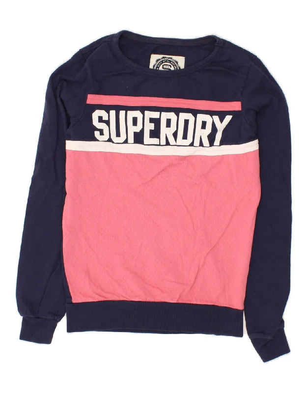 SUPERDRY Womens Graphic Sweatshirt Jumper UK 6 XS Navy Blue Colourblock Hoodie with Distressed Vintage Worn