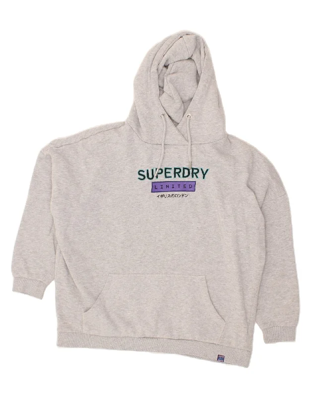 SUPERDRY Womens Oversized Graphic Hoodie Jumper UK 16 Large Grey Cotton Hoodie Jacket Zipper Layering