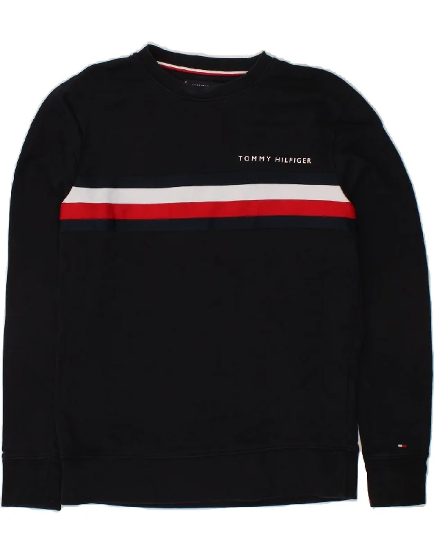 TOMMY HILFIGER Mens Sweatshirt Jumper Large Navy Blue Colourblock Cotton Hoodie with Thumb Holes Functional Cozy