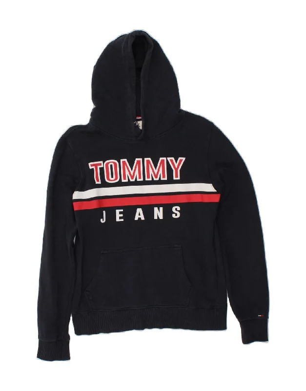 TOMMY JEANS Mens Graphic Hoodie Jumper Medium Navy Blue Cotton Hoodie with Color Block Contrast Stylish