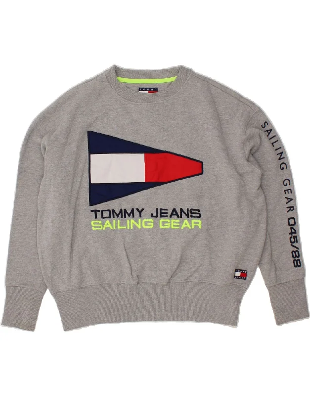 TOMMY JEANS Mens Oversized Graphic Sweatshirt Jumper Small Grey Cotton Hoodie with Lace Feminine Delicate