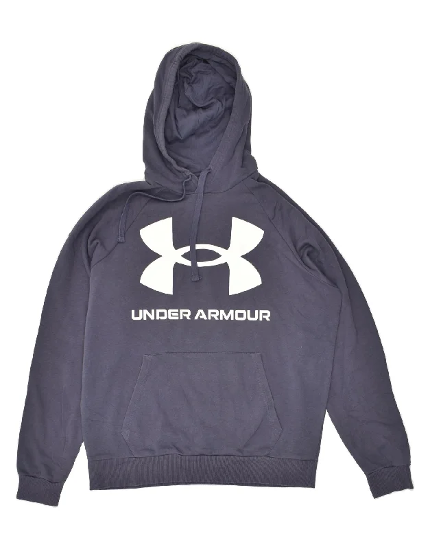 UNDER ARMOUR Mens Graphic Hoodie Jumper Large Navy Blue Cotton Hoodie with Side Slits Relaxed Casual