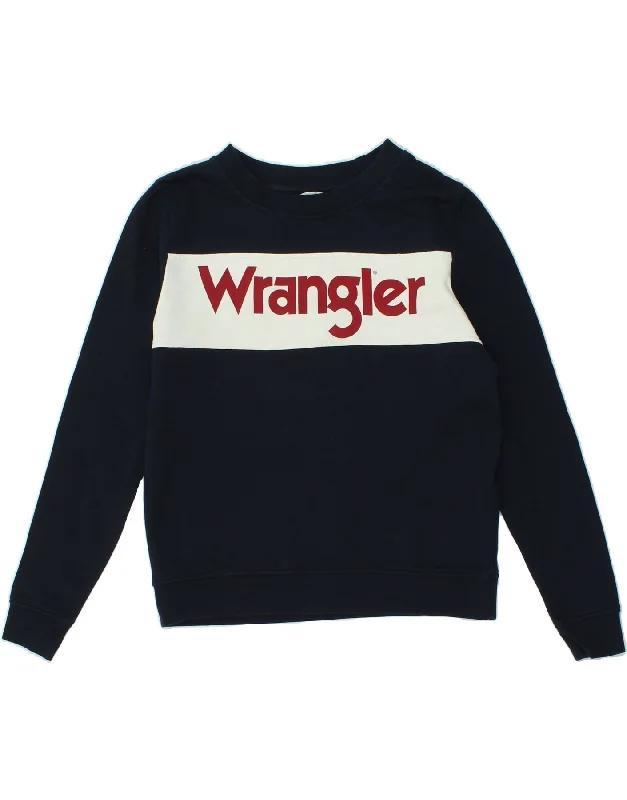 WRANGLER Mens Graphic Sweatshirt Jumper Small Navy Blue Colourblock Cotton Cotton Hoodie Fleece Lining Warmth