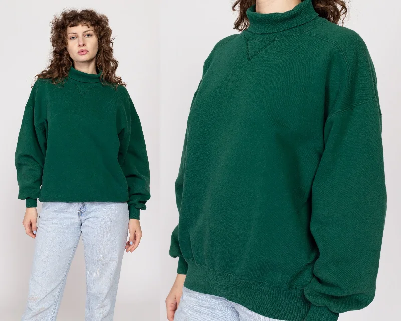 XL 90s Green Turtleneck V Stitch Sweatshirt Hoodie with Back Slit Movement Comfort