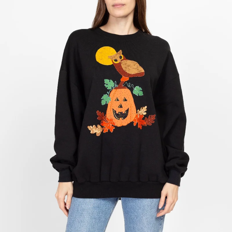 XL 90s Halloween Jack-O-Lantern & Owl Sweatshirt Unisex Hoodie with Hem Detail Decorative Unique