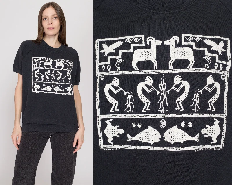 XL 90s Kokopelli Black Short Sleeve Sweatshirt Hoodie with Ribbed Neckline Snug Warm