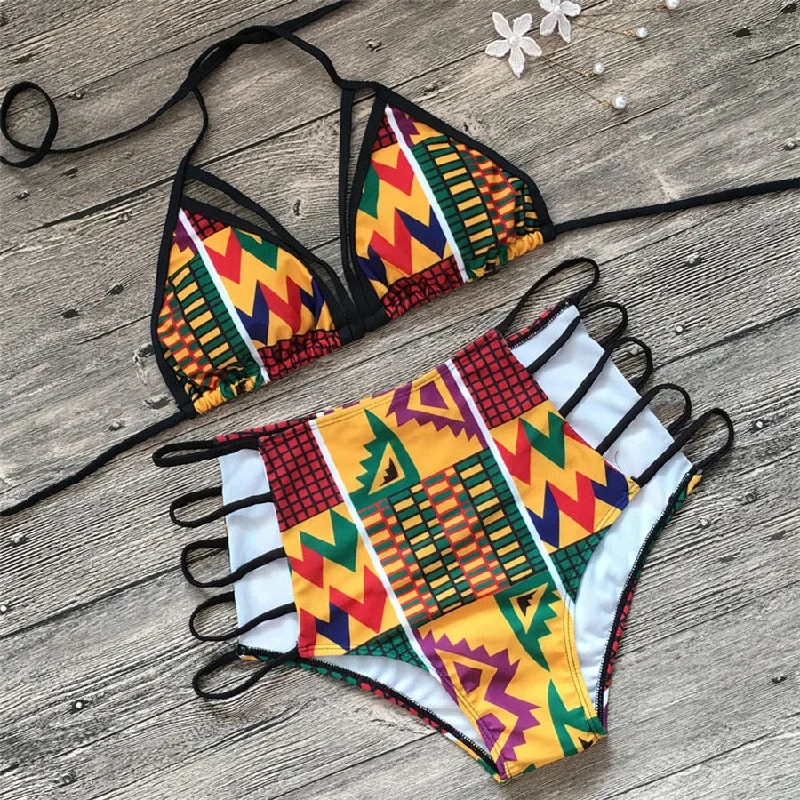 African Print Swimsuits Set Lace Back Bikini