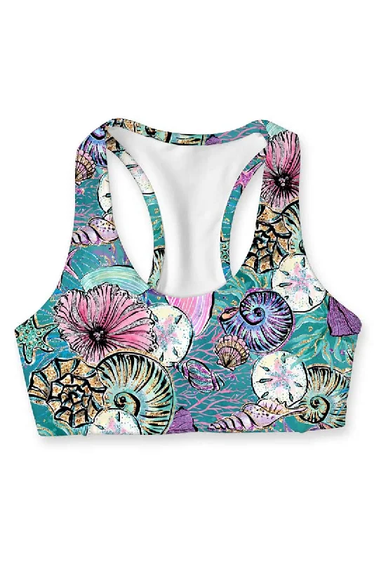 Blue Seashells Stella Adorable Seamless Racerback Sport Yoga Bra - Women Cozy Wire-Free Bra