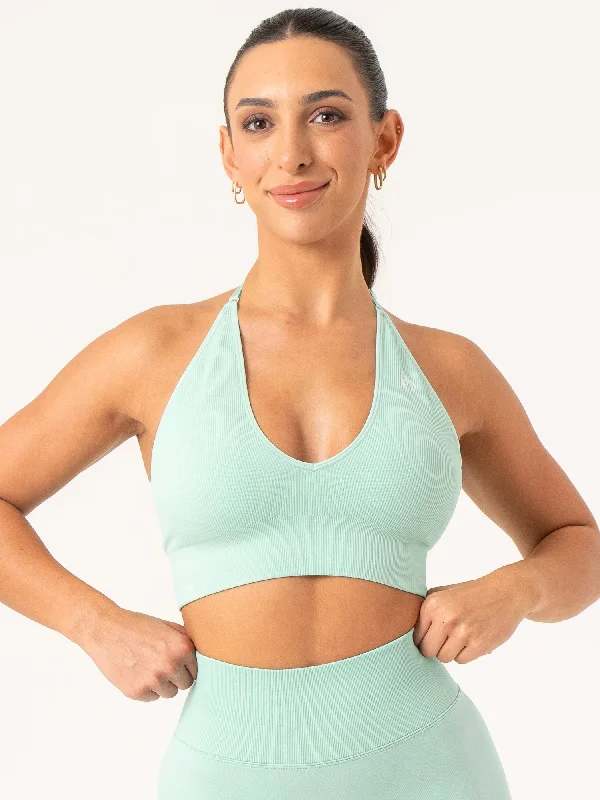 Lift Rib Seamless Halter Sports Bra - Aqua Chic Lace Bralette