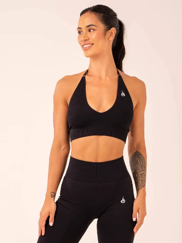 Lift Rib Seamless Halter Sports Bra - Black Soft Stretch Bra