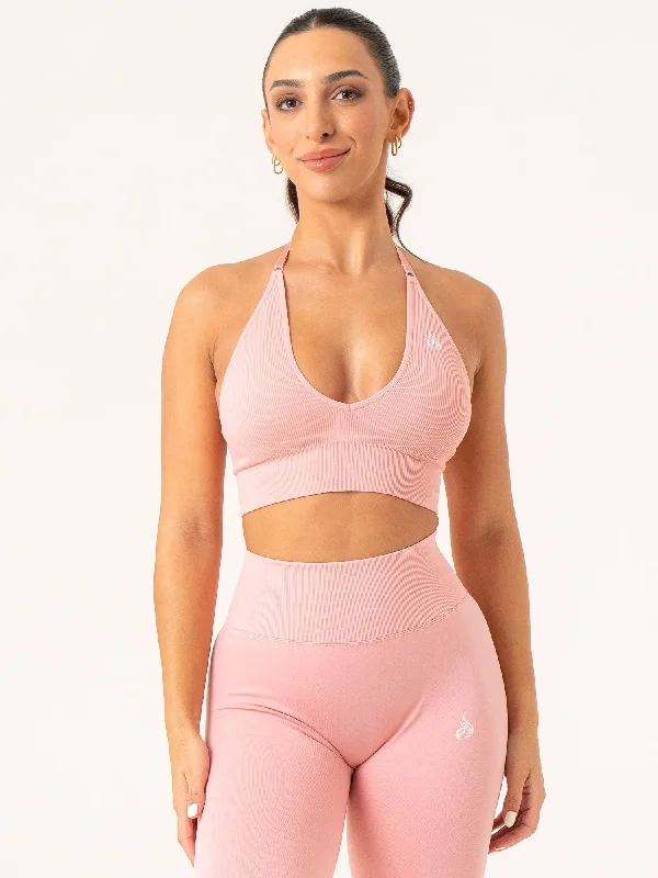 Lift Rib Seamless Halter Sports Bra - Pink Casual Bralette Set