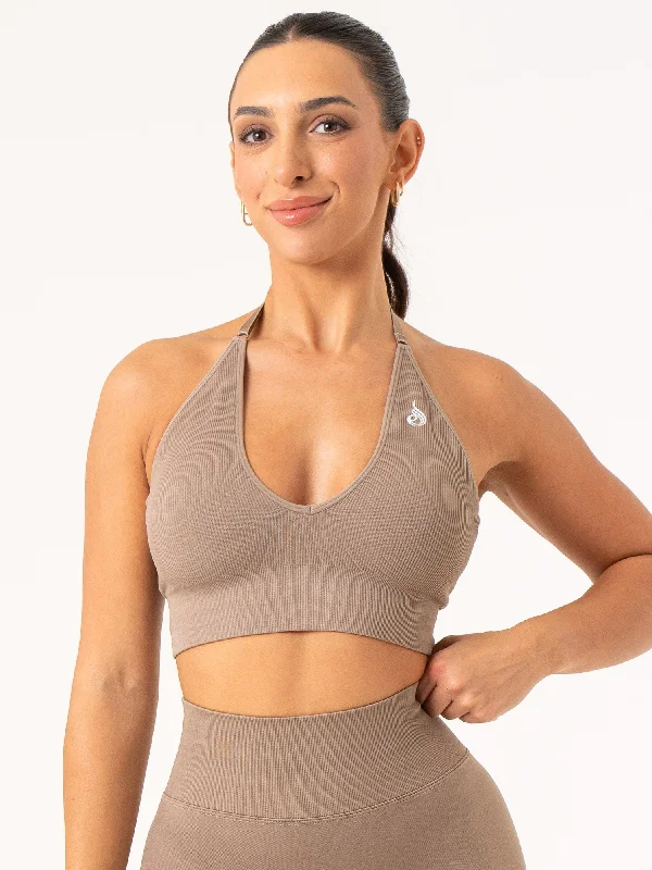 Lift Rib Seamless Halter Sports Bra - Taupe Breathable Comfort Bra