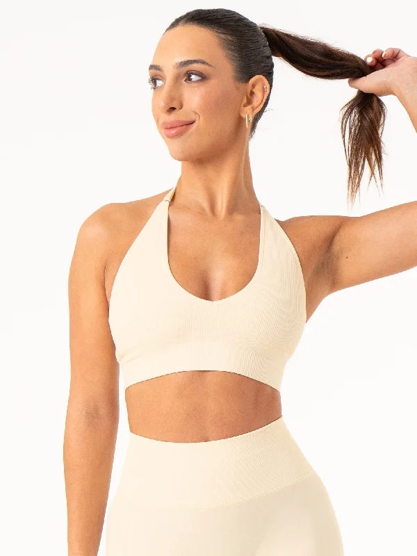 Lift Rib Seamless Halter Sports Bra - Vanilla Soft Mesh Bralette