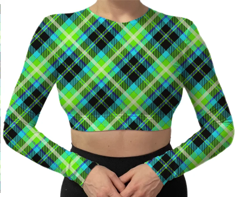 Lime Plaid Long Sleeve Bra Top Active Wear Bra