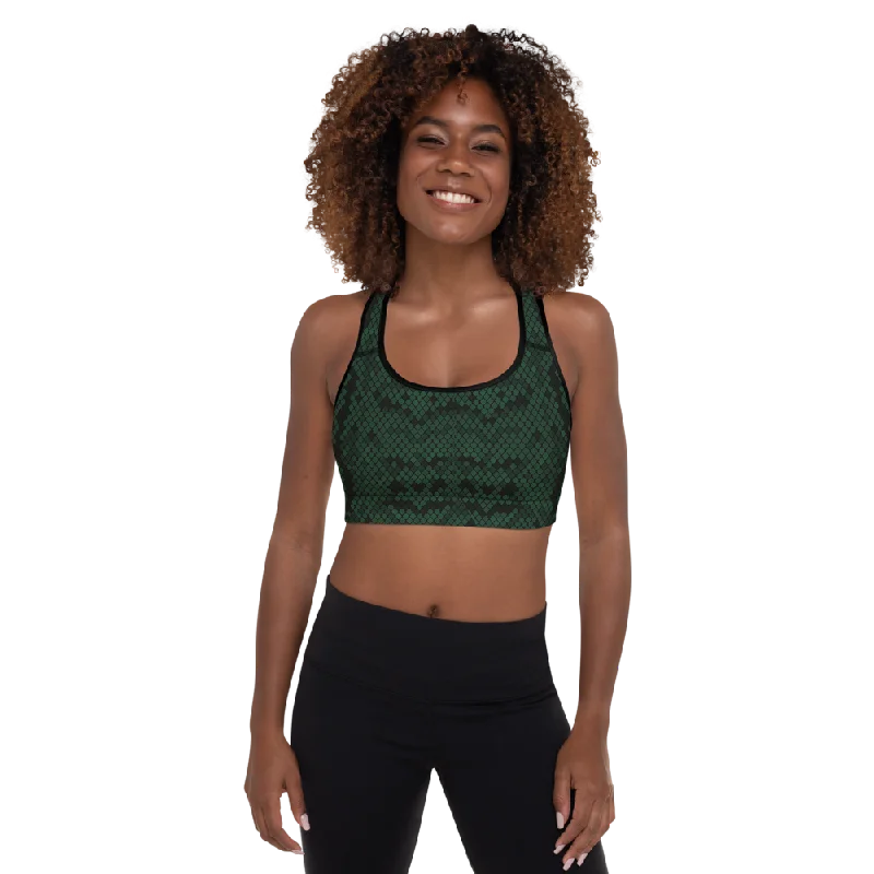 Dark Green Python Padded Sports Bra Sports Support Bra