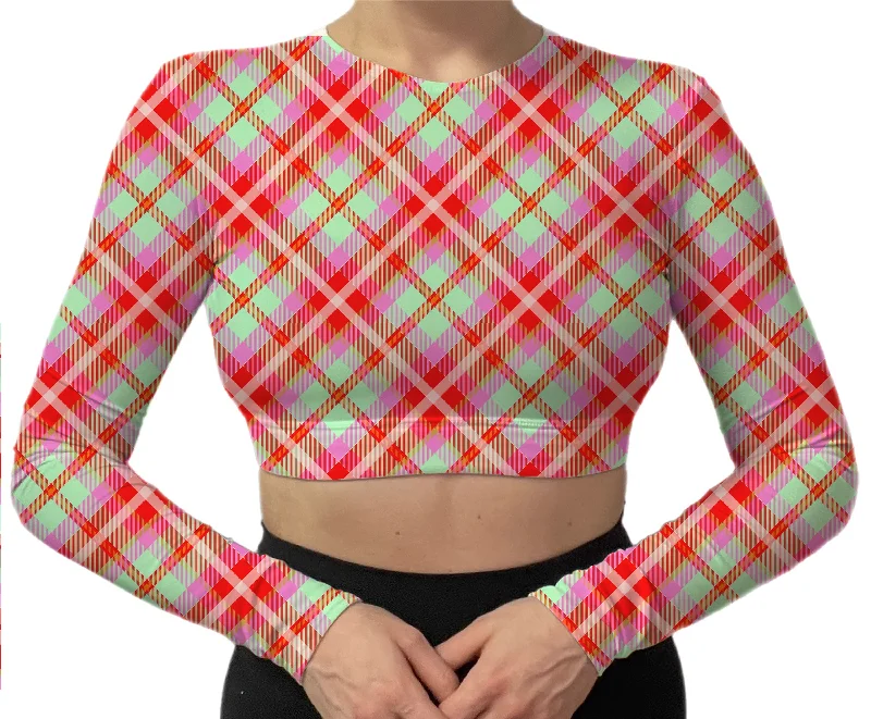 Pink Plaid Long Sleeve Bra Top Adjustable Fit Bra