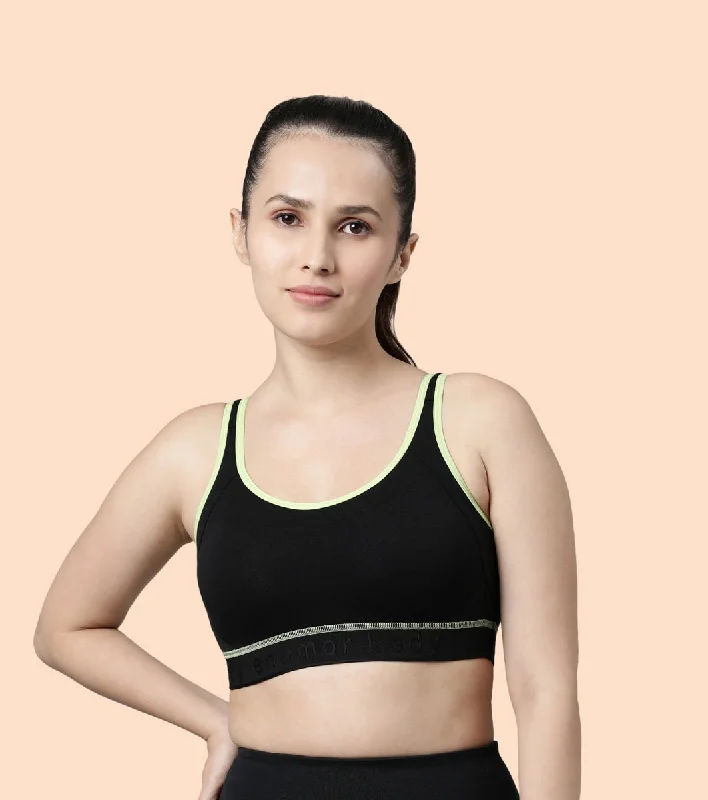 Enamor Agion SB28 Antimicrobial Side Shaper Active Sports Bra for Women - Non Padded, Wirefree and High Coverage - Black Soft Support Bra