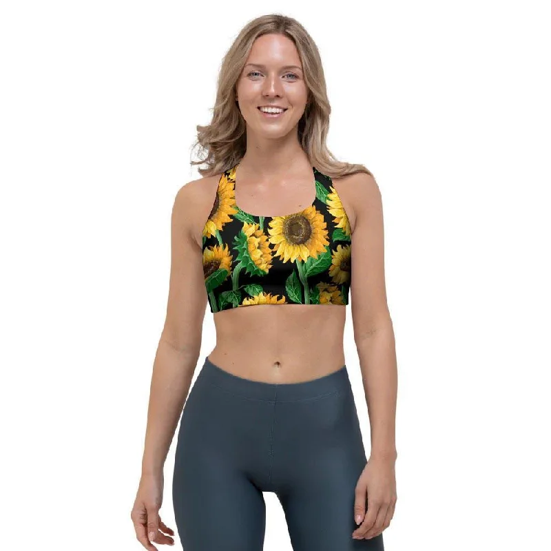 Sunflower Black Print Sports Bra High-Cut Bra Design