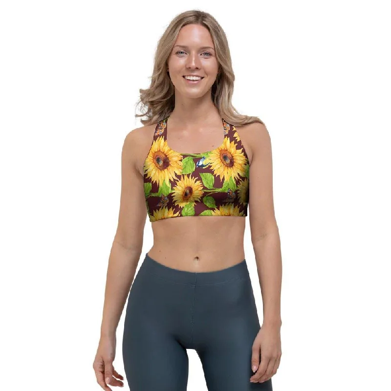 Sunflower With Bird And Butterfly Sports Bra High Support Sports Bra