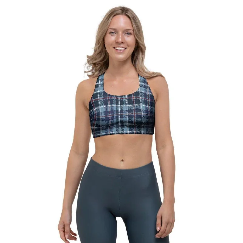 Tartan Blue Plaid Sports Bra Push-Up Bralette Set