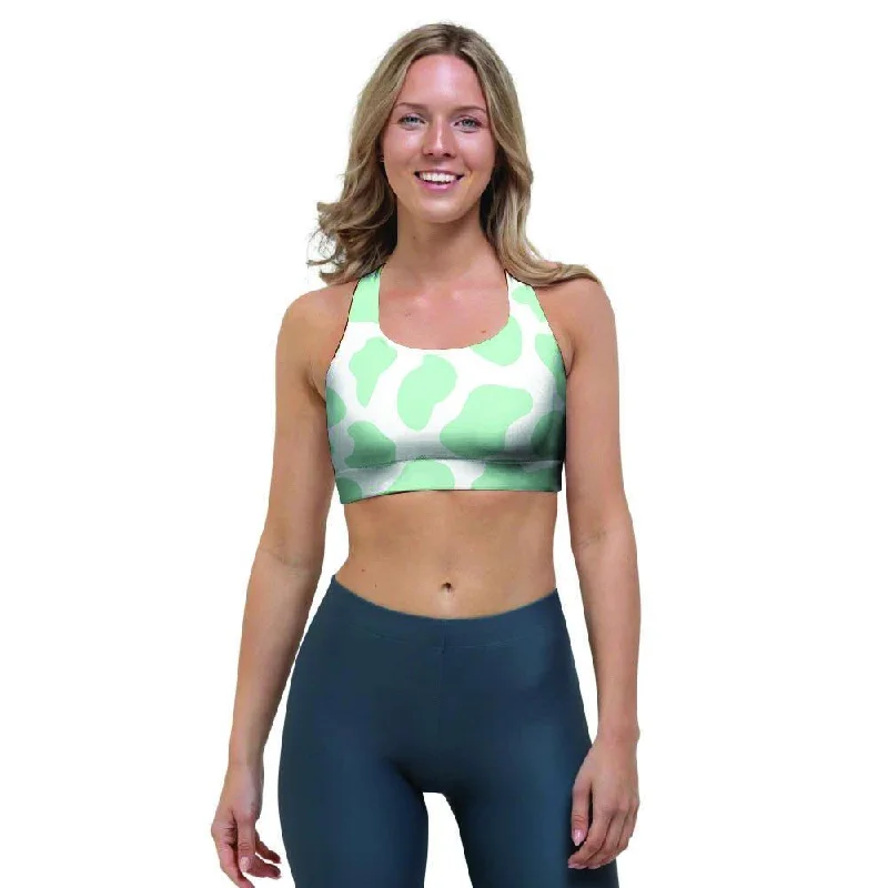 Teal And White Cow Print Sports Bra Sporty Wireless Bra