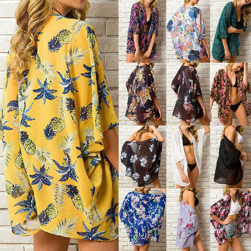 13 Colors Hot Summer Women Floral Kimono Swim Cover-Ups Female Beach Boho Cardigan Bathing Tops Beach Bikini Cover Up Outfits Comfortable Swim Shorts