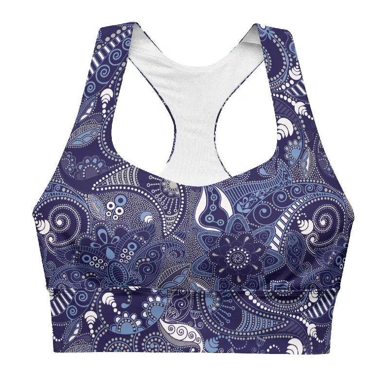 Compression Sports Bra, Swim Bra UPF 50 XS-3XL, Blue Paisley Plunge Back Swimsuit