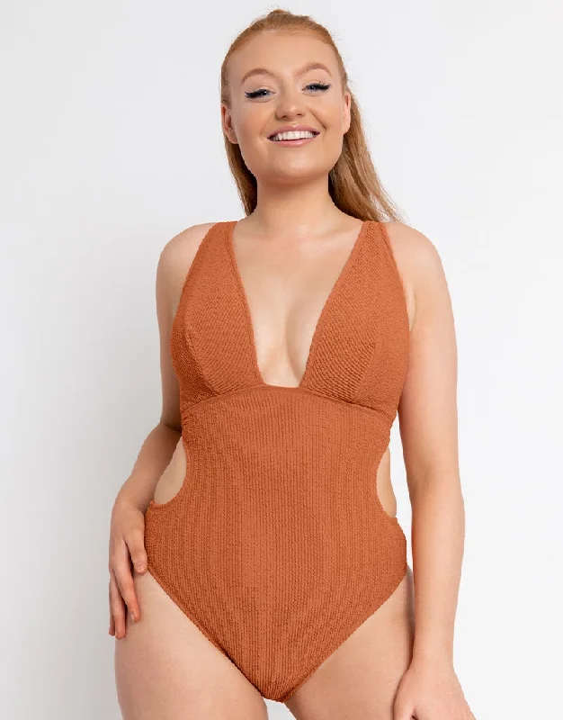 Curvy Kate Holiday Crush Non Wired Plunge Swimsuit Rust Swim Skirt Set