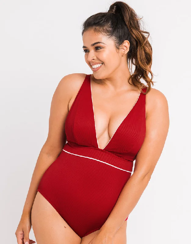 Curvy Kate Poolside Non Wired Plunge Swimsuit Pink/Red Button-Front Swimsuit