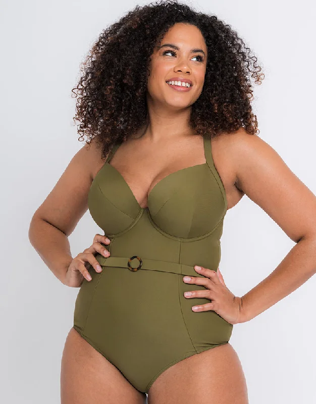 Curvy Kate Retro Sun Padded Plunge Swimsuit Olive Elegant Ruffled Bikini