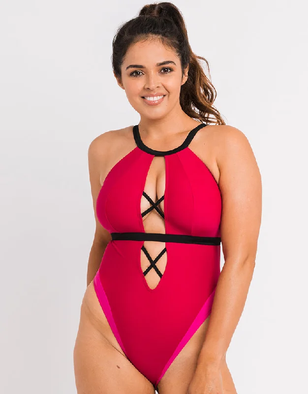 Curvy Kate Subtropic Non Wired Plunge Swimsuit Cherry Red/Pink Elegant Swim Dress