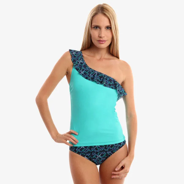 Nice Turquoise One-Should Tankini Top Strapless Swimsuit Top