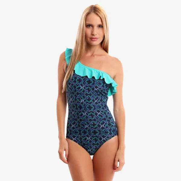 Saint Raphael French Riviera Print One-Shoulder Maillot Swimsuit Bold Color Swimsuit