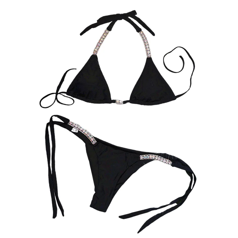 Maxbell Maxbell Women Sexy Swimsuit Push Up Bras Rhinestone Bikini Set Bathing Suit M Black Chic Bikini Set