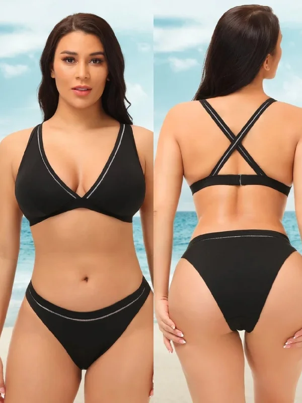 Plus Size Sexy Plunge V Two Piece Swimwear Black/White Push-Up Swimsuit Top