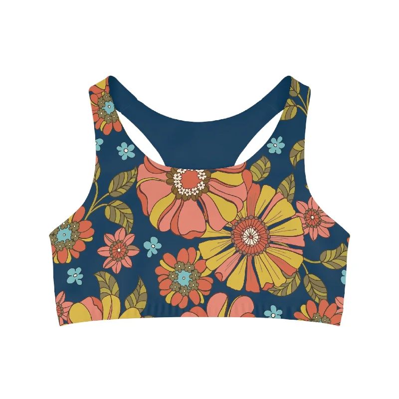 Women's Seamless Sports Bra, Swim Bra Top, 70s Retro Floral - USA made Luxury Swimsuit Style