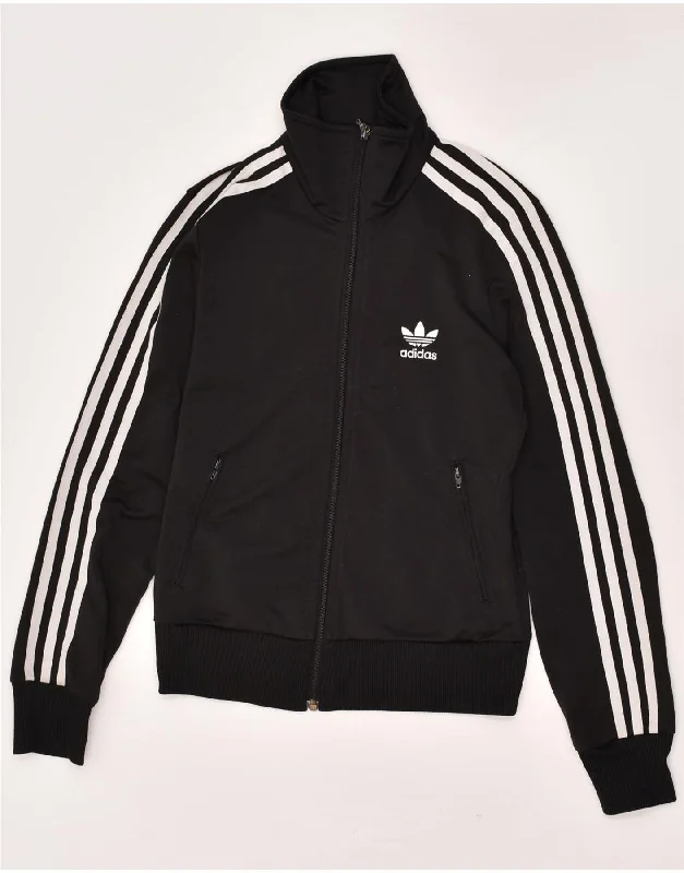 ADIDAS Womens Graphic Tracksuit Top Jacket EU 36 Small Black Polyester Hoodie Zip-Up Jacket Button-Up Jacket