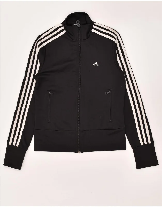 ADIDAS Womens Graphic Tracksuit Top Jacket UK 10 Small Black Polyester Zip Front Button Front Snap Front