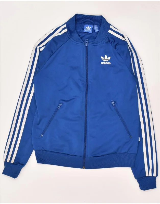 ADIDAS Womens Graphic Tracksuit Top Jacket UK 6 XS Blue Polyester Tailored Jacket Straight Jacket A-Line Jacket