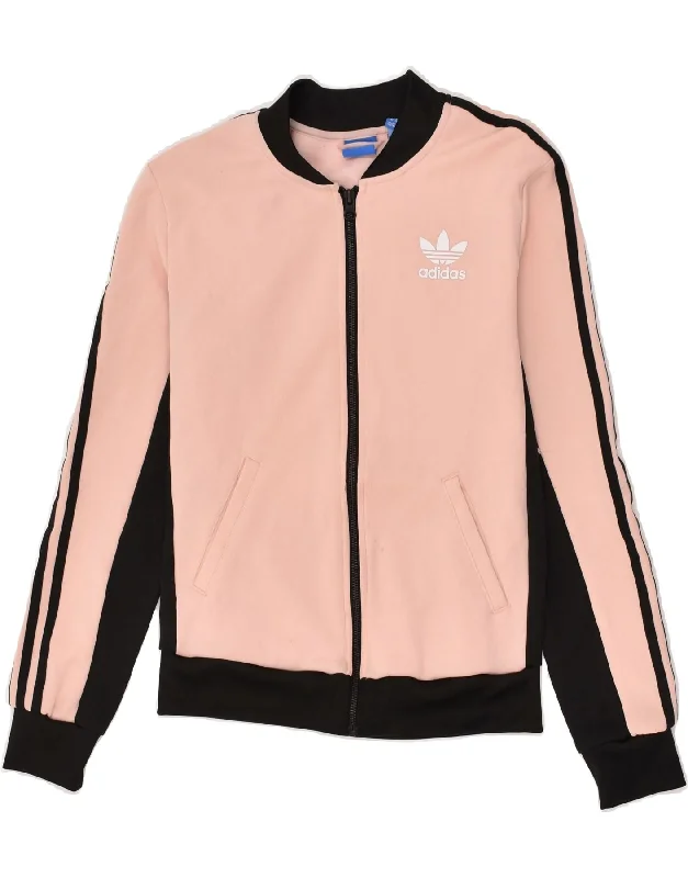 ADIDAS Womens Graphic Tracksuit Top Jacket UK 6 XS Pink Colourblock Front Pockets Side Pockets Patch Pockets