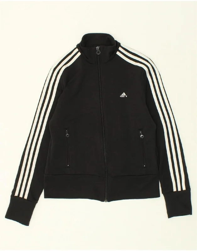 ADIDAS Womens Tracksuit Top Jacket UK 14 Medium Black Zip Front Button Front Snap Front